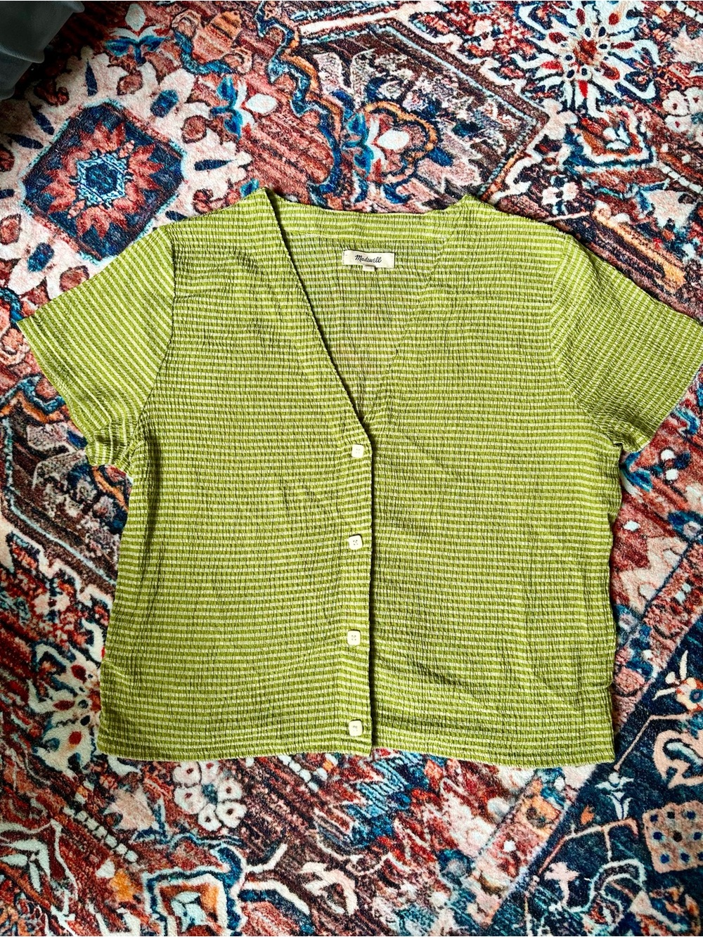Madewell Lime Green stripe Short-Sleeve Button-Up Top - L